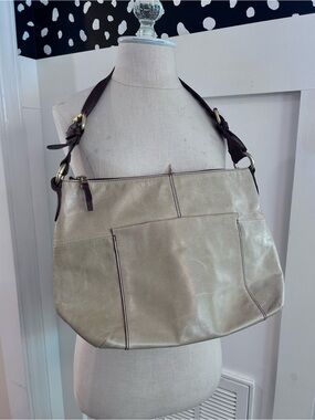 HOBO International beige Leather Shoulder Bag Contrast Stitch Slouch Hobo